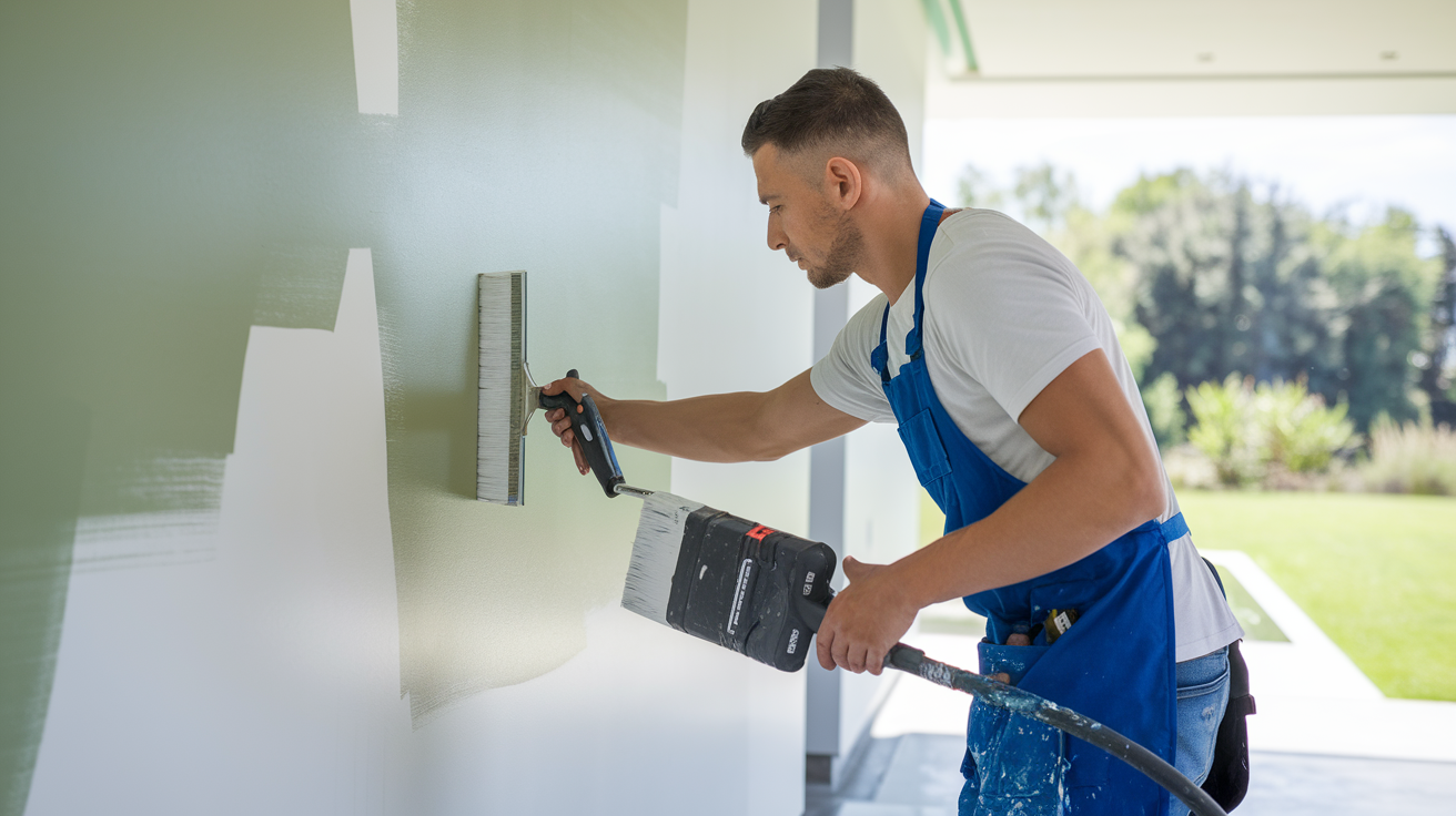 A professional painter applying eco-friendly paint to a modern home's wall, surrounded by a clean, green outdoor environment, using sustainable tools and materials.