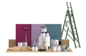 Various paint cans, brushes, and rollers set up for an indoor project, illustrating the best paint brands for UAE homes and offices with quality finishes.