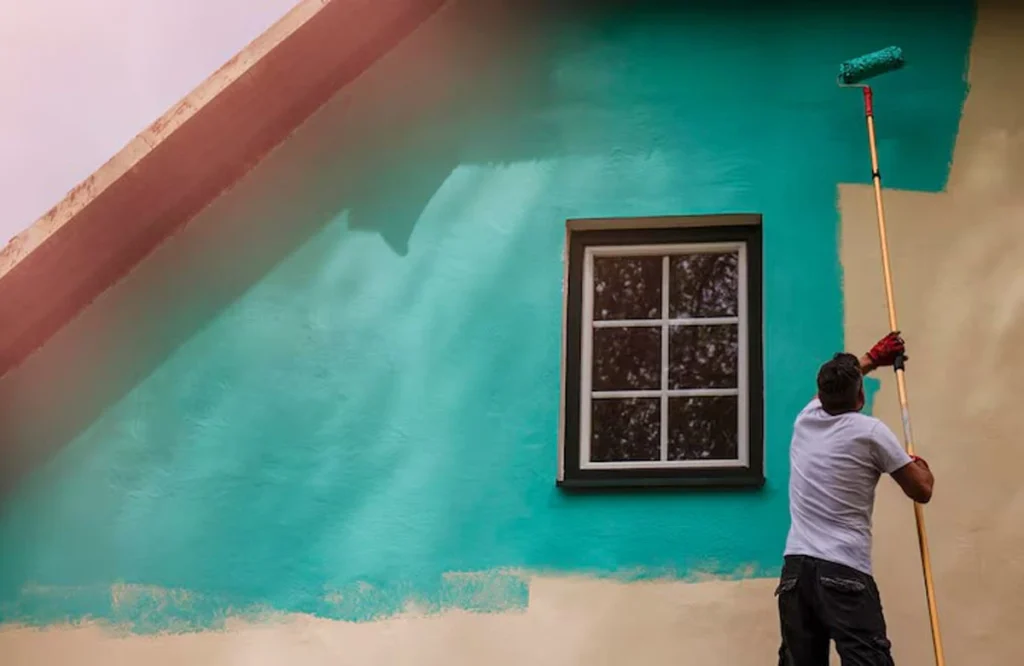 A man painting the exterior of a house with turquoise paint, taking steps to prevent paint fading in UAE by using weather-resistant materials.