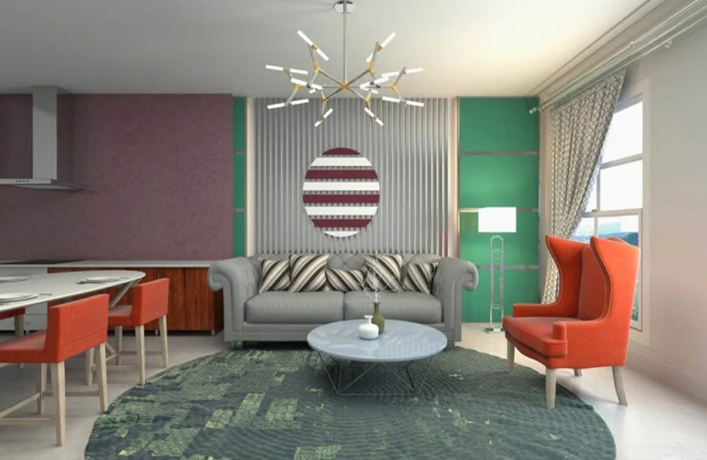Explore top interior colors for UAE apartments painting to enhance your space. This vibrant design uses green, red, and modern furniture to create a welcoming environment.